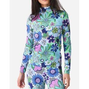 Celia B Sz XL Top Blue Rinnes Floral Retro Long Sleeve Mock Collar CeliaB New